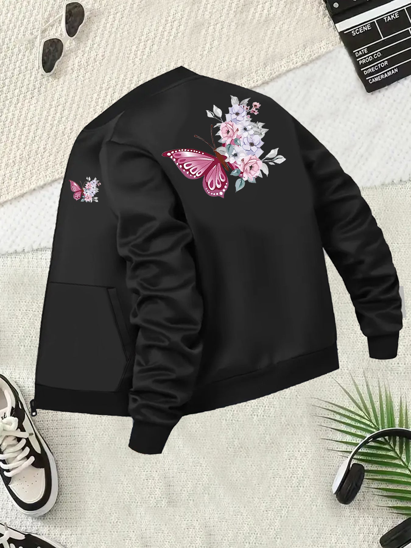 Women's Black All-Season Jacket with Floral Pockets Plus Size