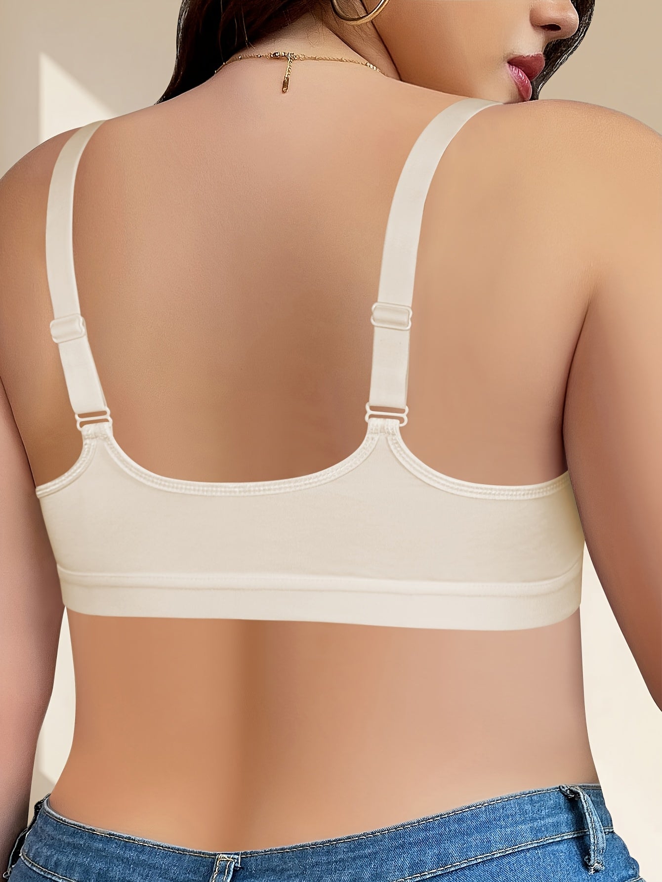 Plus Size Women's Lace Front Closure Bra with Deep V-Neck, Wide Straps, Contrast Lace, Breathable Polyester Knit Fabric