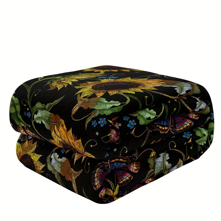 Sunflower Fleece Throw Blanket All-Season Floral Pattern Soft Warm Multi-Use 250-300g