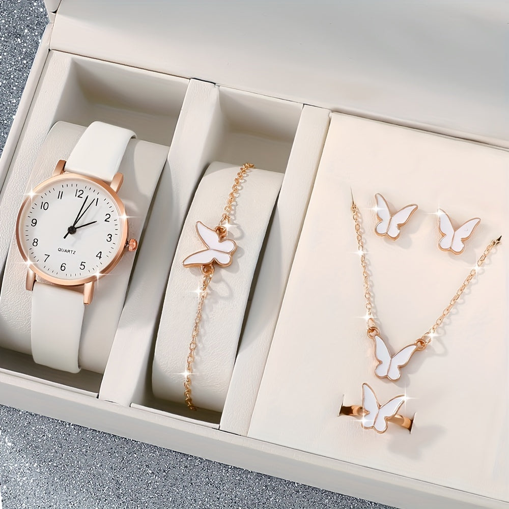 Women's Quartz Watch and Butterfly Jewelry Set with Faux Leather Strap for Gifts