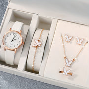 Women's Quartz Watch and Butterfly Jewelry Set with Faux Leather Strap for Gifts