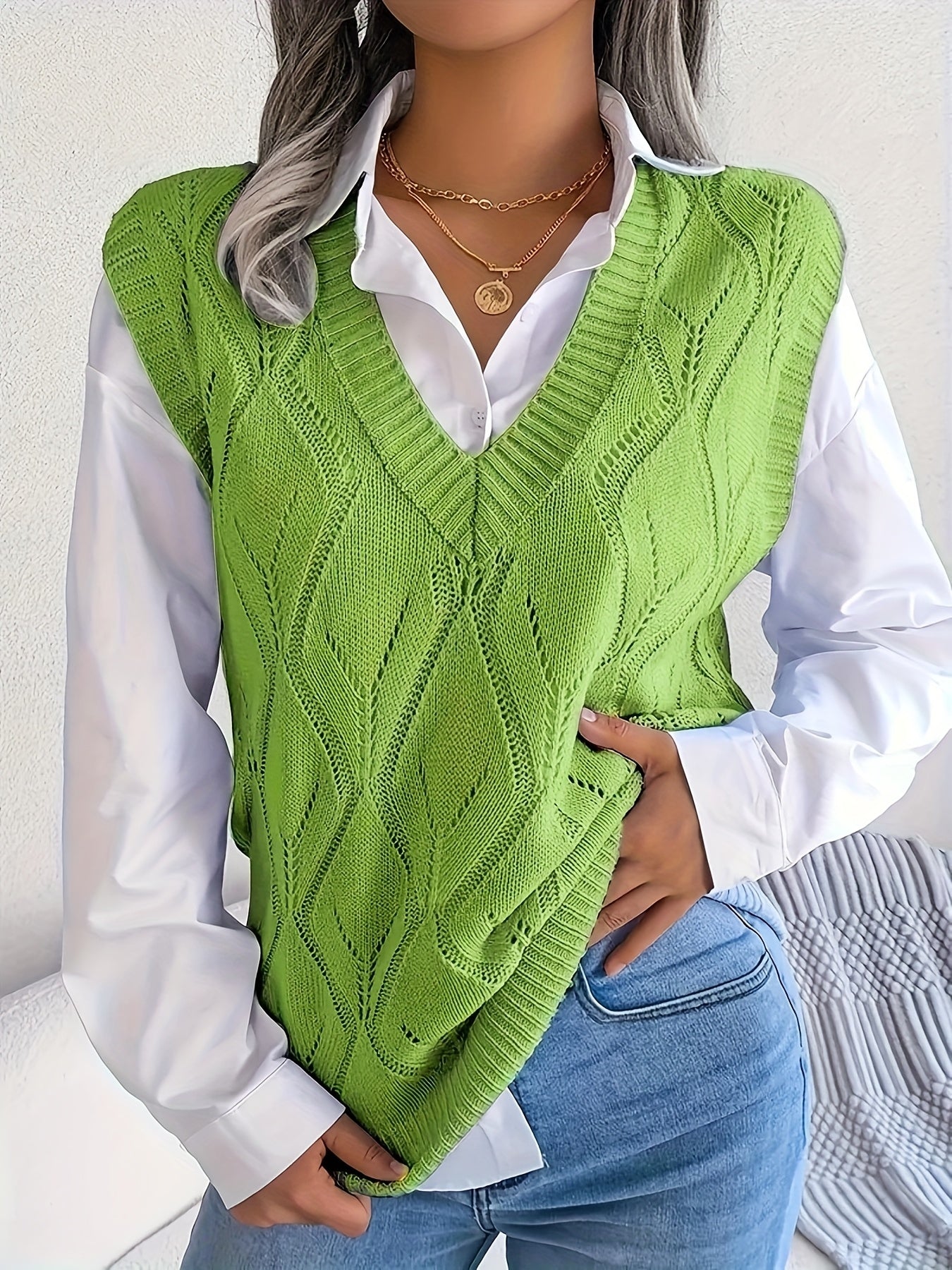 Plus Size Women's V-Neck Lace Sweater Vest Knitwear Casual Layering