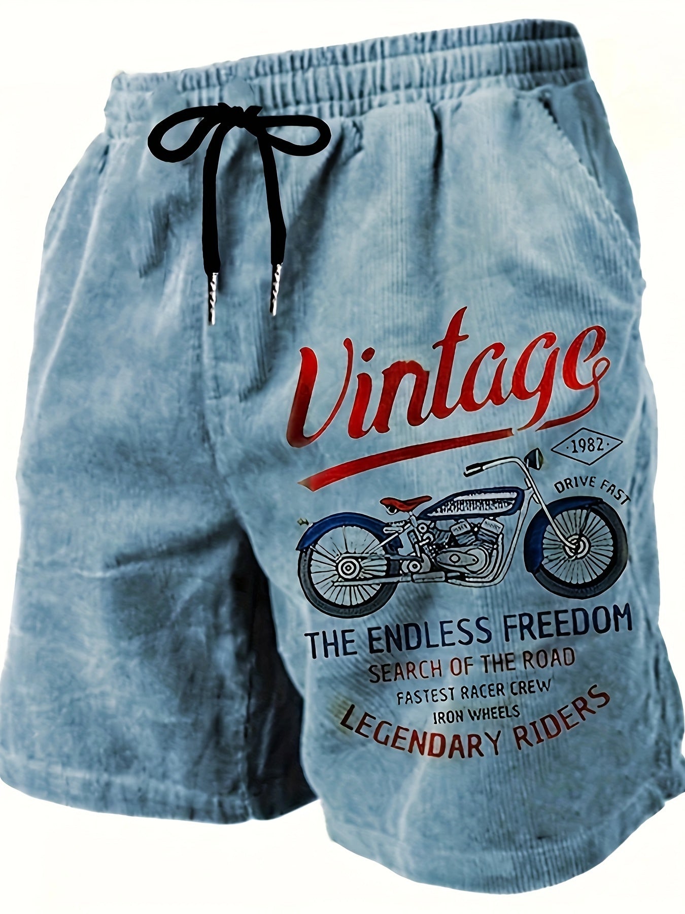 Men's Vintage Motorcycle Print Beach Shorts Light Blue Denim-Like Fabric Loose Fit Summer Casual Drawstring Waist