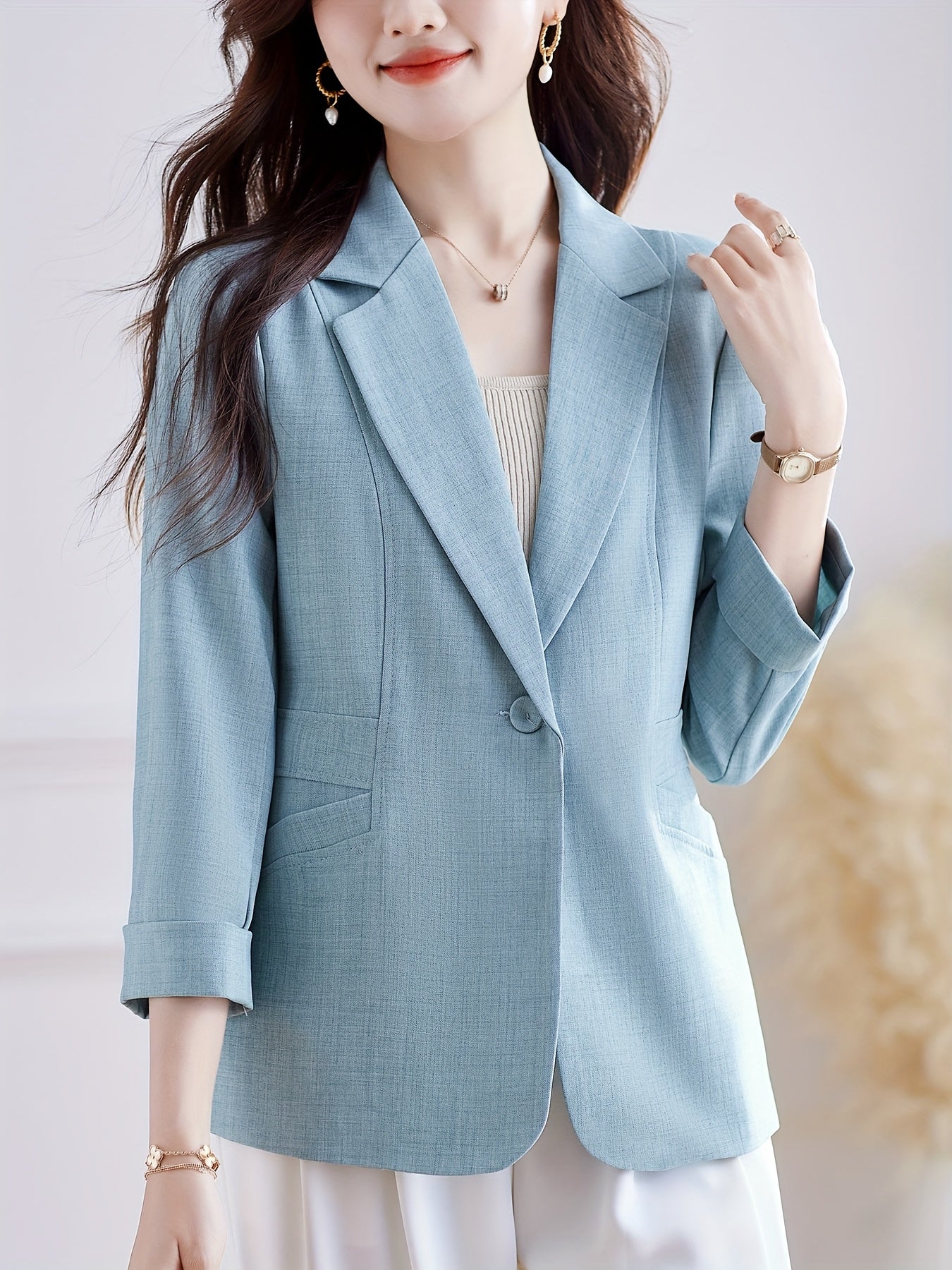 Plus Size Women’s Beige H-Silhouette Blazer Long Sleeve Casual to Semi-Formal