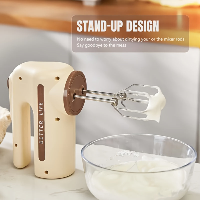 Dual-Color Rechargeable Electric Hand Mixer with 5-Speed Control and Stainless Steel Whisks