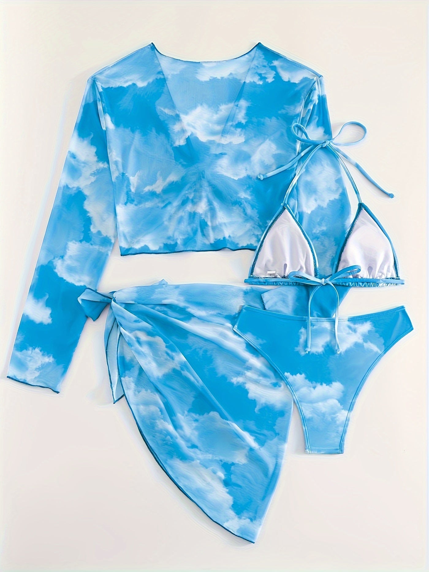 Four-Piece Beach Cover-Up Mesh Wrap Skirt with Halter Neck Bikini and Printed Design