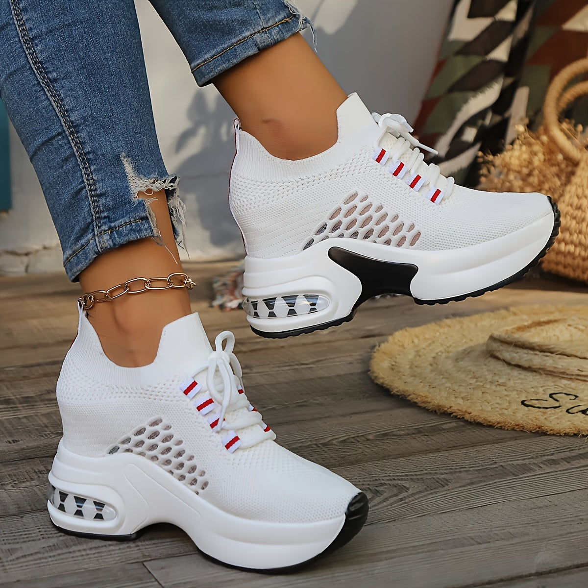 Women's White Knit Chunky Sneakers Low Top Breathable Casual Shoes