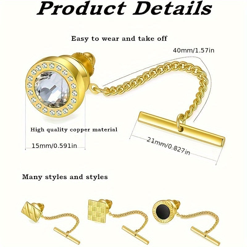 Set of 9 Men's Tie Pins with Chains and Clips in Black Silver and Gold