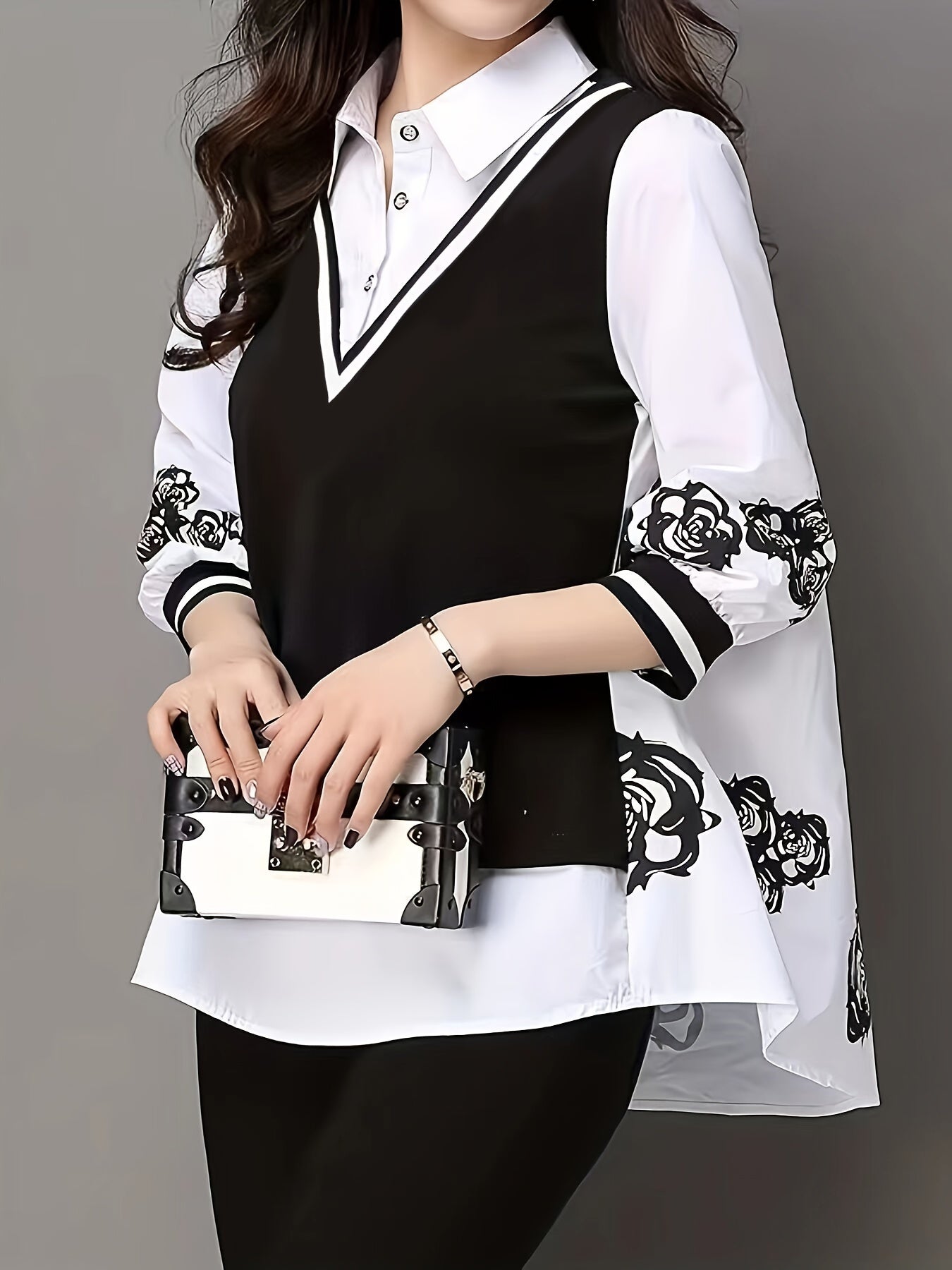 Women's White and Black Chiffon Shirt with Floral Print and Polo Collar