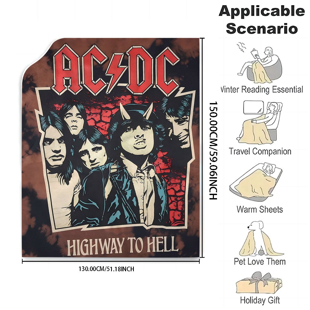 Bu AC/DC "Highway to Hell" flanel tashqi ko'rinishi bilan iliq bo'ling va rok qiling! Rang-barang va allergiyaga qarshi raqamli bosma bilan qulay, bu ko'rpa yotoq xonasi, yashash xonasi yoki divan uchun mukammal. Musiqa ixlosmandlari uchun ideal sovg'a.
