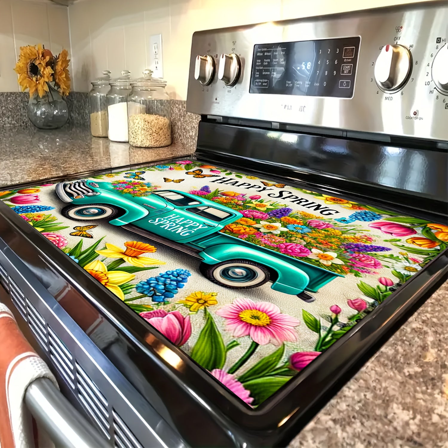 Yorqin bahor gullari va yuk mashinasining naqshli pech qopqogʻi mato, sirpanishga qarshi, polyester oshxona himoyachisi