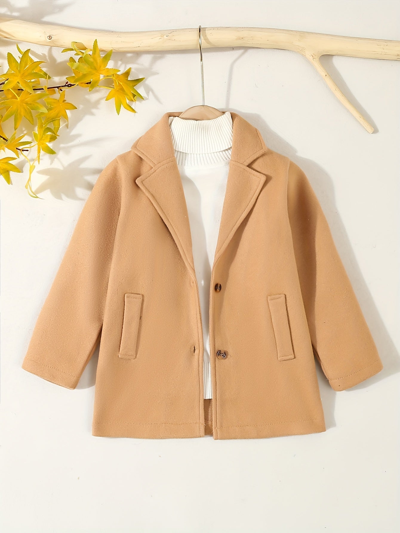 Boys' Preppy Wool Overcoat with Lapel Collar Button Closure Fake Pockets Fall Winter Ages 12 and Under