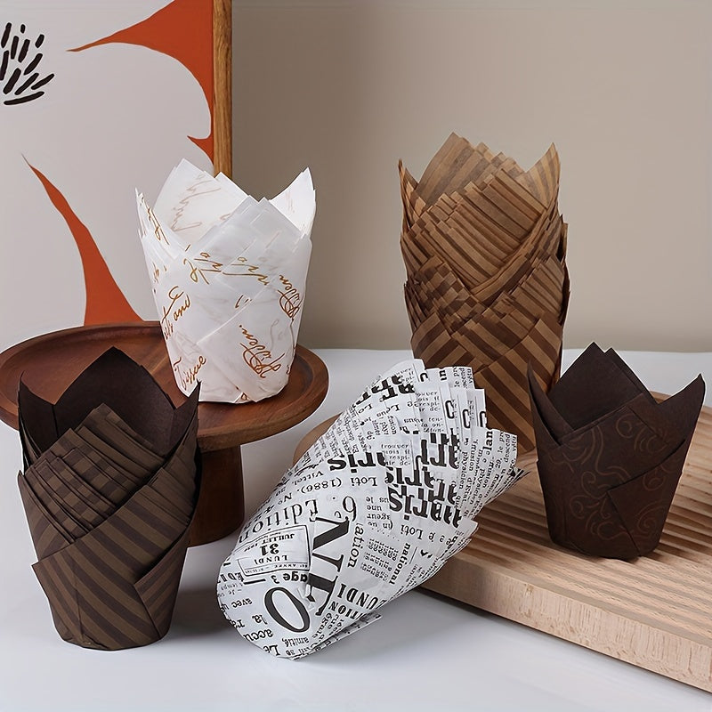 Набор из 50 одноразовых формочек для кексов в форме тюльпана с газетным узором в виде облачных полосок, формочки для кексов из жиронепроницаемой бумаги, формы для кексов, инструменты для выпечки, кухонные гаджеты и аксессуары