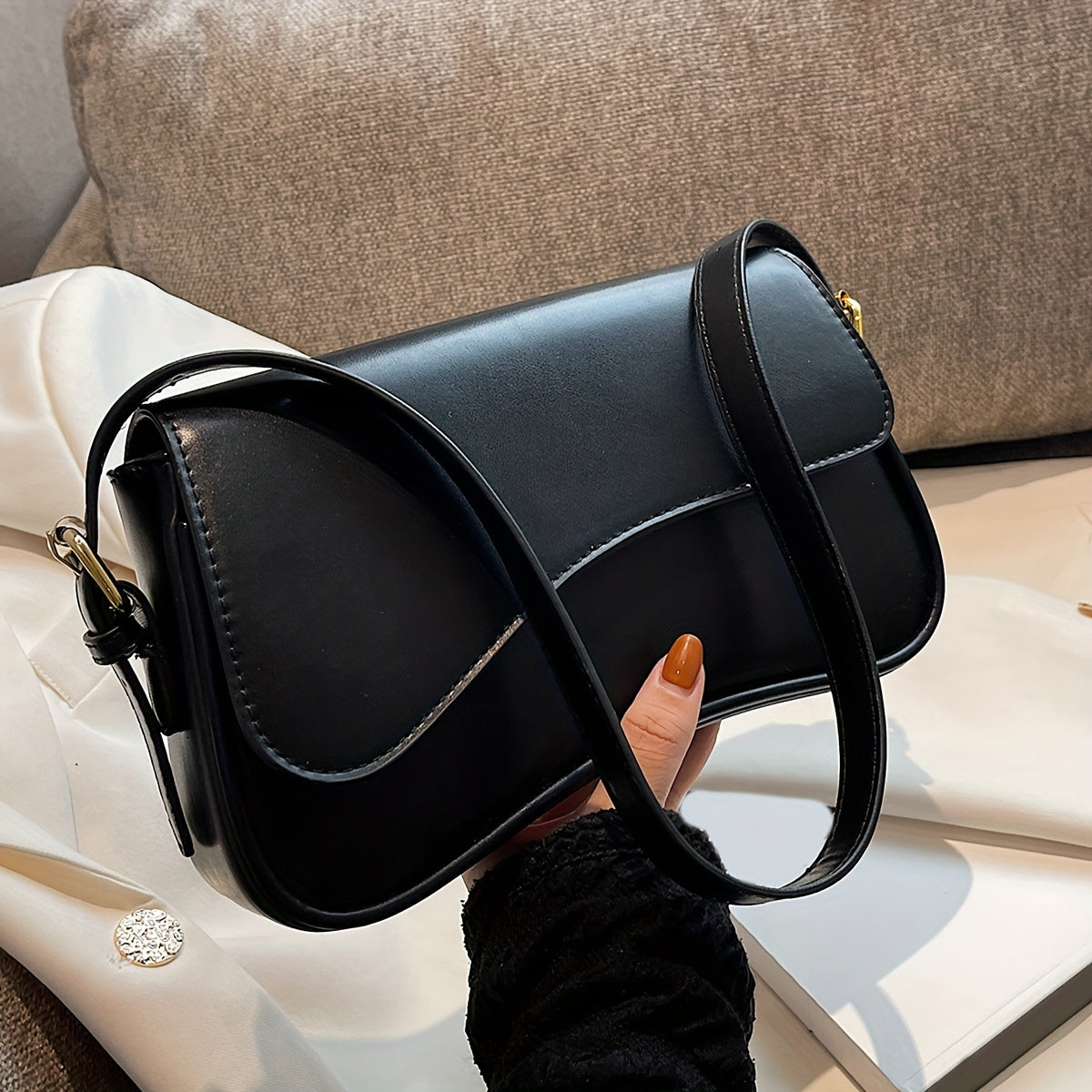 Black Baguette Bag for Women with Adjustable Strap and Gold Hardware