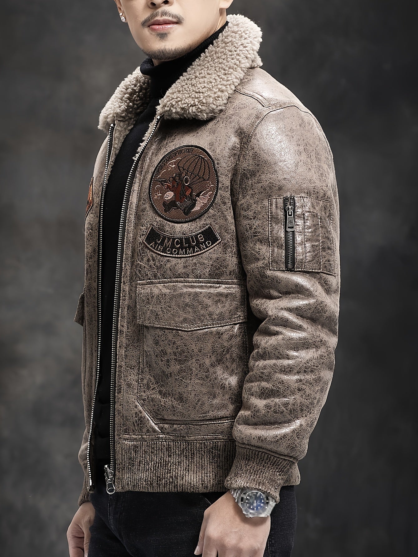 Men's Faux Fur Lined Biker Jacket with Applique Air Force Style Zipper Closure Fall Winter