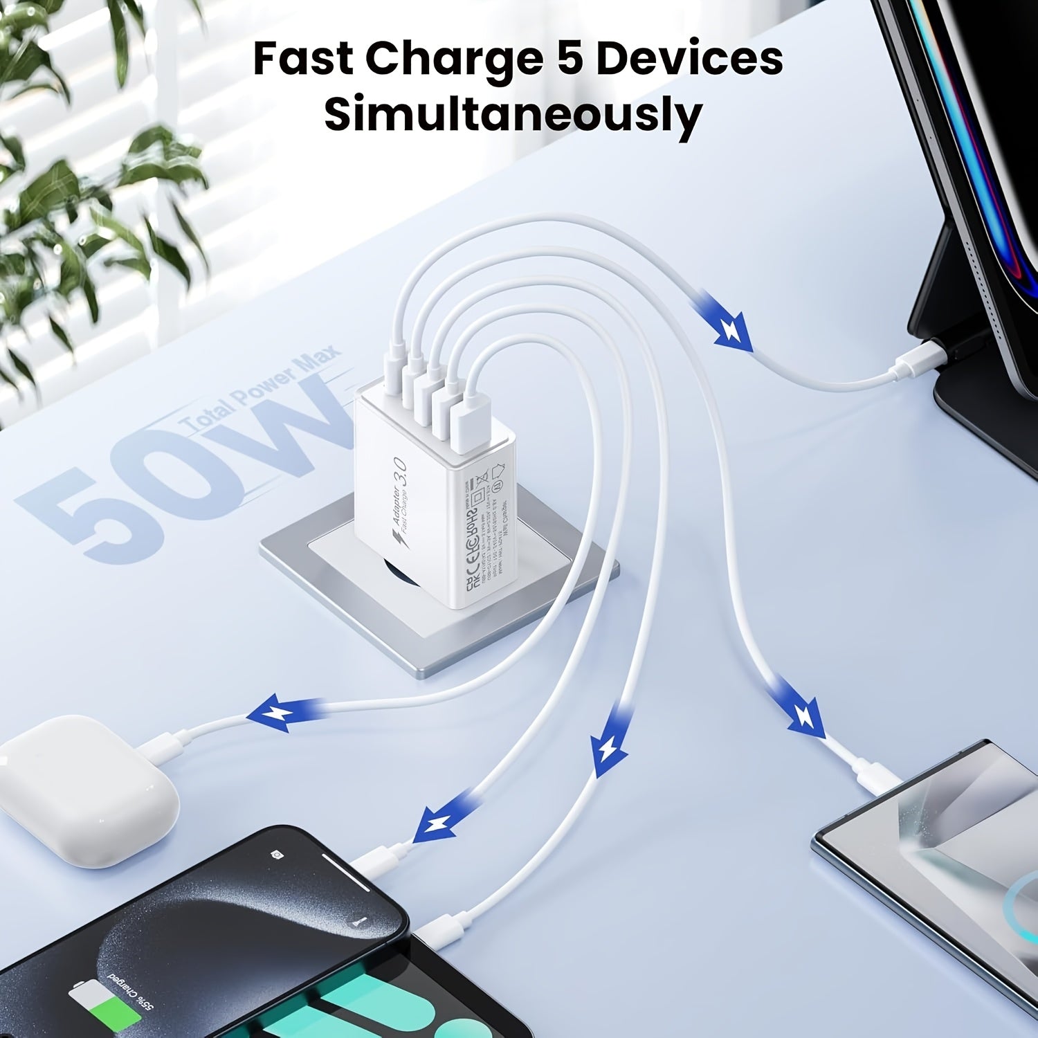 50W USB-C зарядка блоки, 5 портли тез зарядлаш EU ўтказгичи планшетлар ва смартфонлар учун