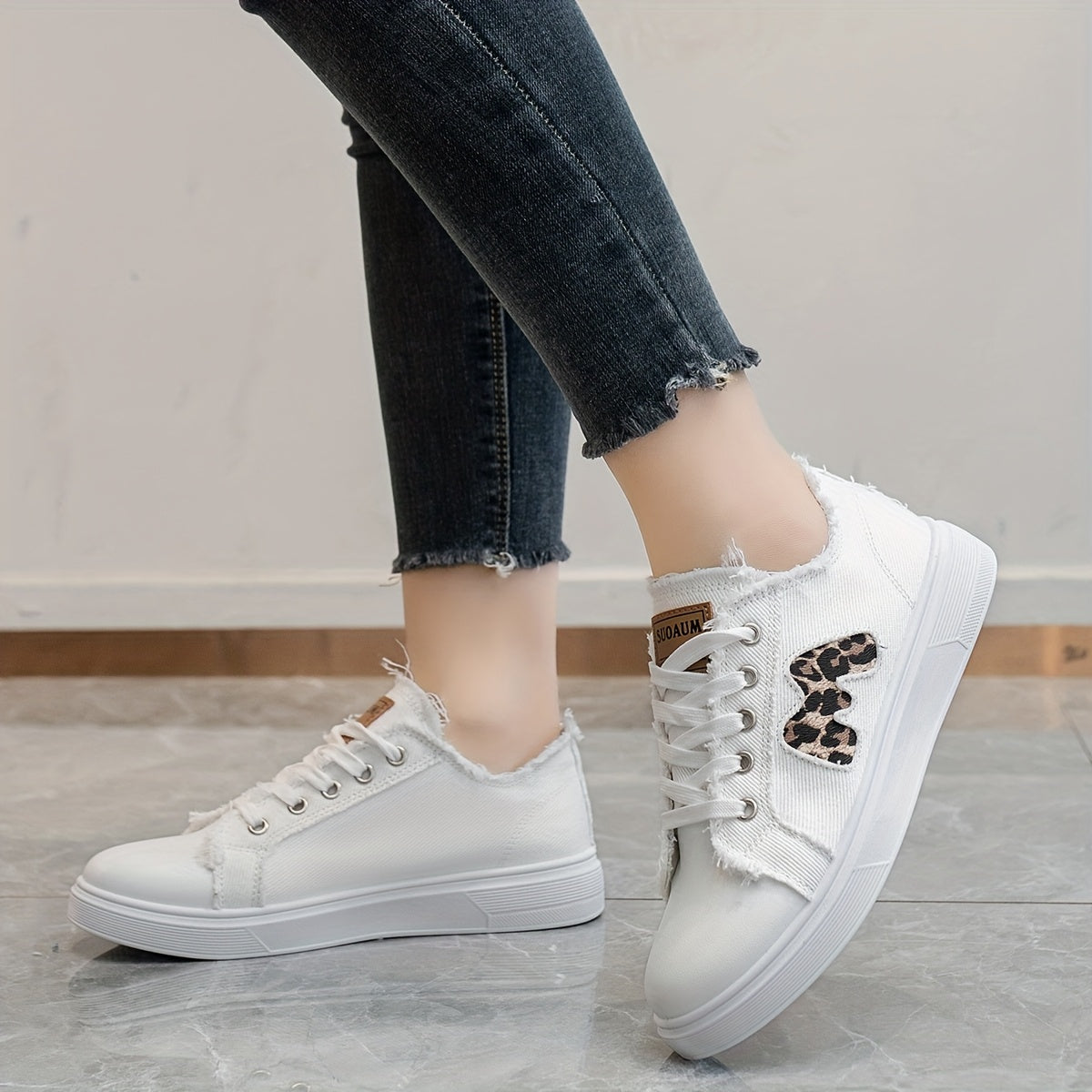 Women's Faux Denim Sneakers with Leopard Print, Breathable Fabric, All-Season Comfort