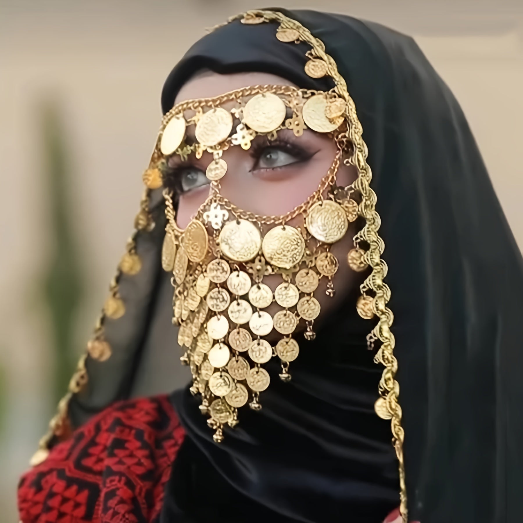 Vintage Arab Afghan Gold Coin Hair Jewelry Headdress with Chain