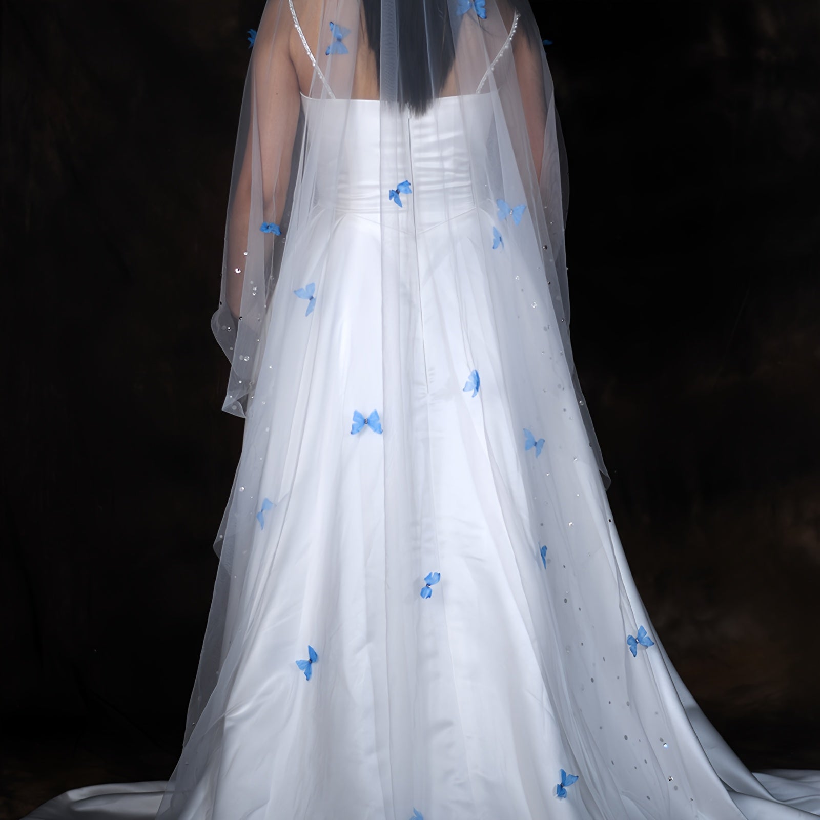 Bridal Veil Cathedral Style Nylon Rhinestone Blue Butterfly Wedding Accessory