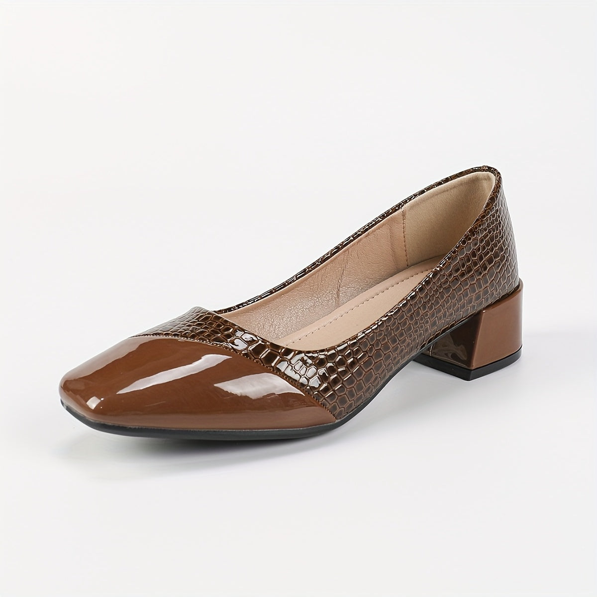 Women's Brown Faux Leather Mary Jane Shoes Square Toe Block Heel All-Season