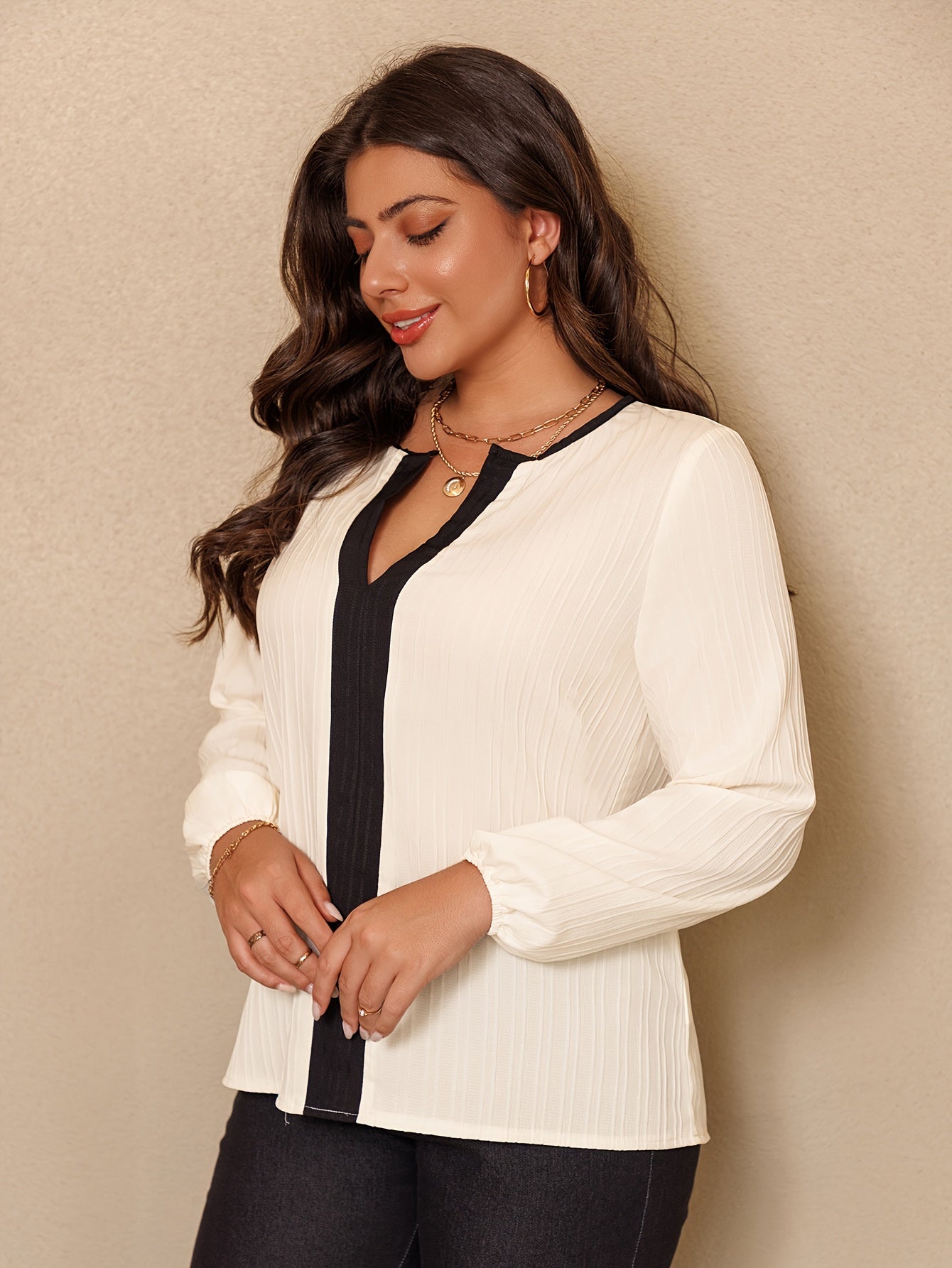 Plus Size Textured Blouse with Contrast Trim Notched Neck Long Lantern Sleeves