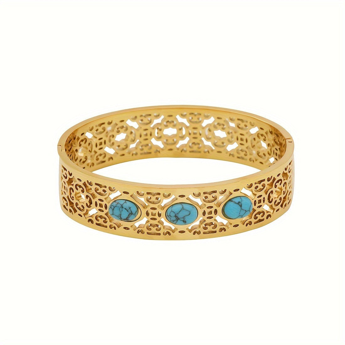 Women's Vintage Style 18K Gold Plated Stainless Steel Bracelet with Turquoise Inlay and Hollow Pattern