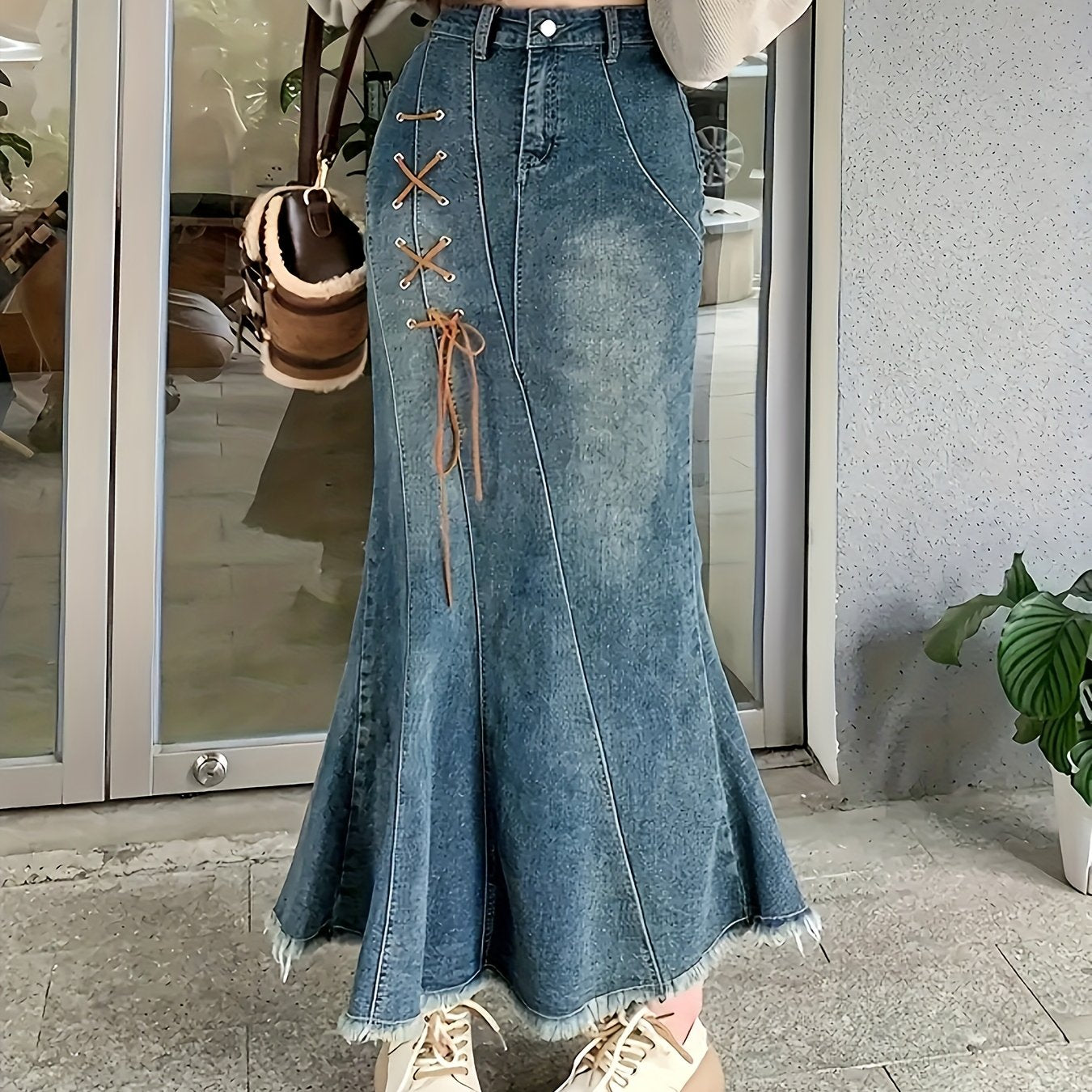 Plus Size Denim Skirt Lace Up Raw Hem Blue Maxi Mermaid Elegant Women's Clothing