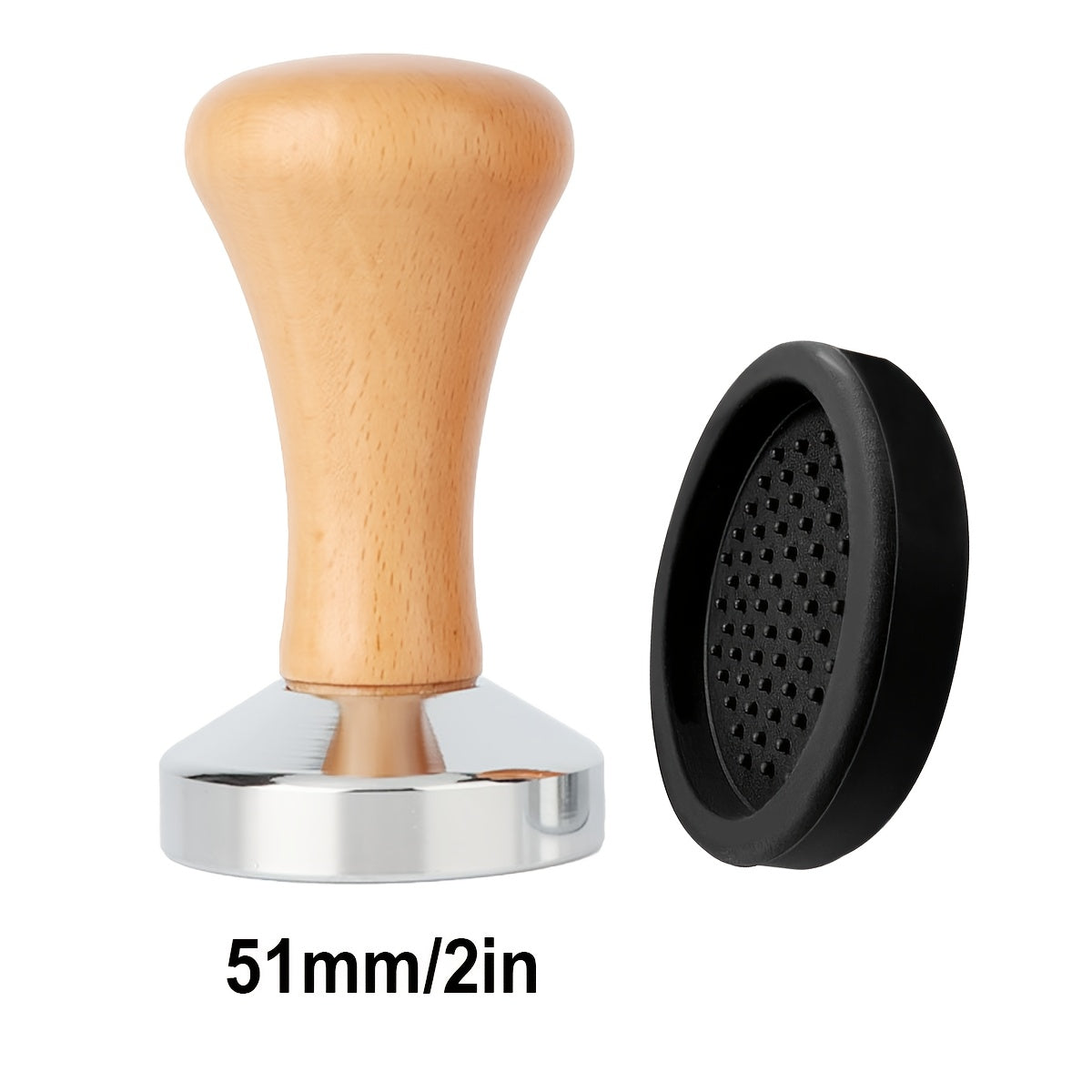 Premium yog'och tutqichi bilan zanglamaydigan po'latdan yasalgan tekis asosli espresso tamperi - Silikon mato bilan birga, optimal tayyorlash uchun zanglamaydigan dizayn (53mm, 51mm va 58mm o'lchamlarda mavjud)