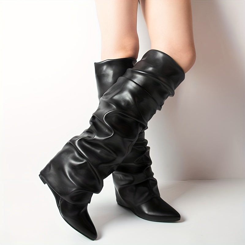Women's Knee-High Wedge Heel Boots with Zipper and Pointed Toe