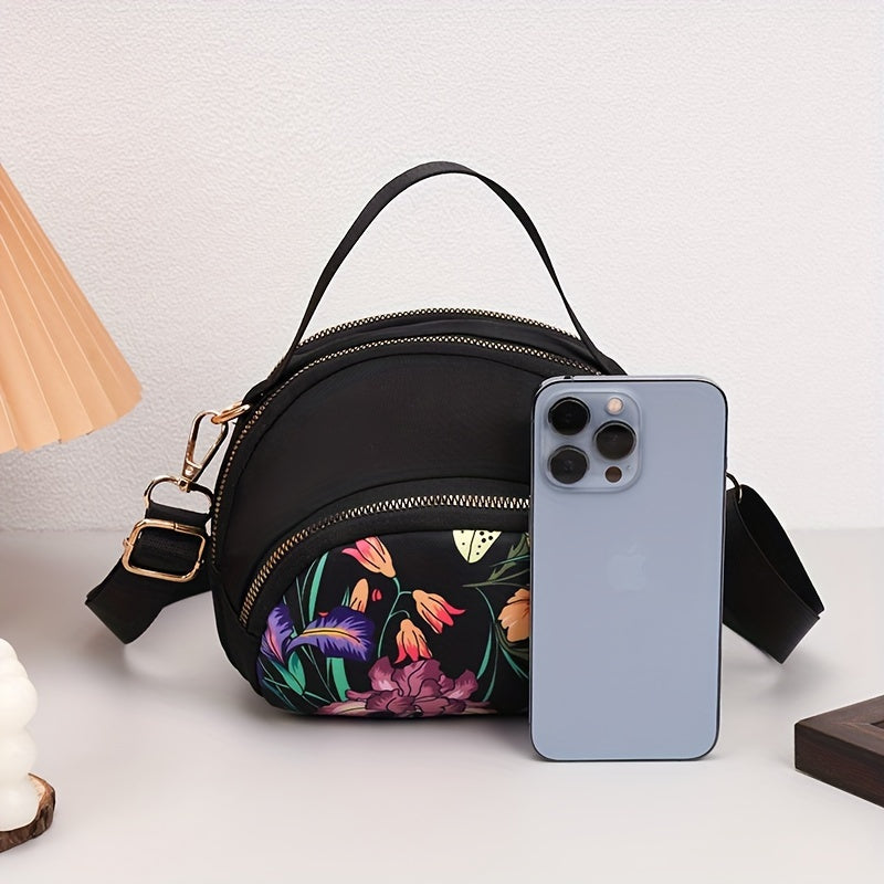 Floral Nylon Crossbody Bag for Women with Adjustable Strap and Zipper Closure