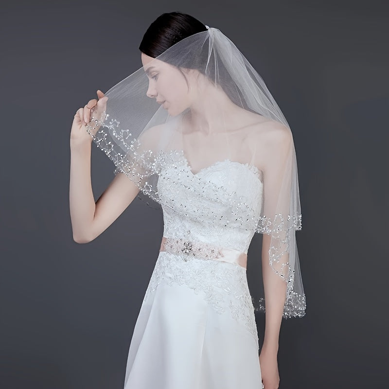 Women's White Head Veil with Comb and Sequins Edge for Wedding Bridal Accessories