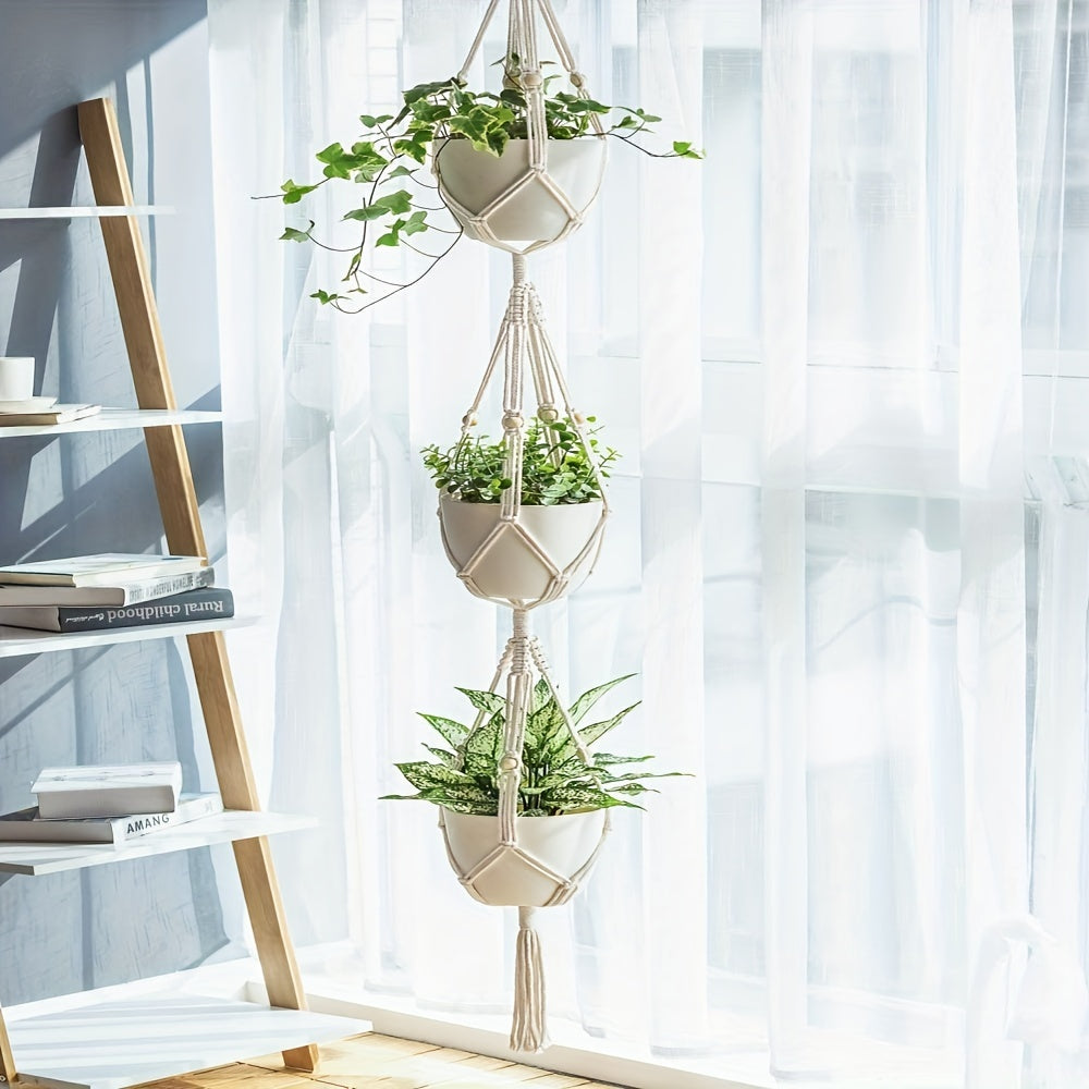 Macrame Double Plant Hanger Indoor Outdoor Cotton Bead 2 or 3 Tier 124.46cm 177.8cm