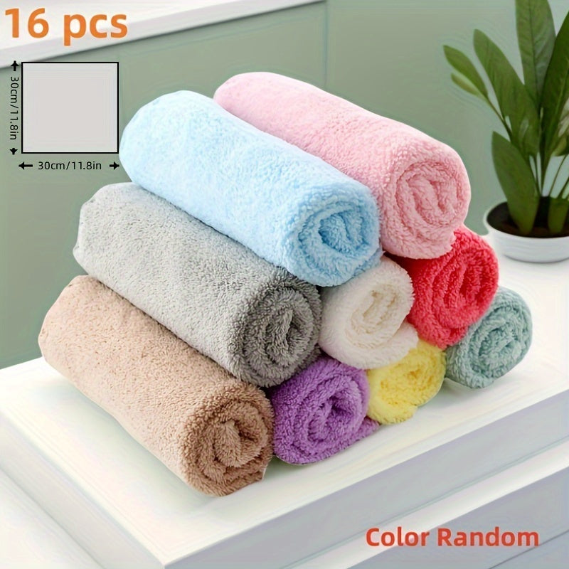 16pcs Coral Fleece Square Towels in 2 Sizes Super Soft Absorbent Bathroom
