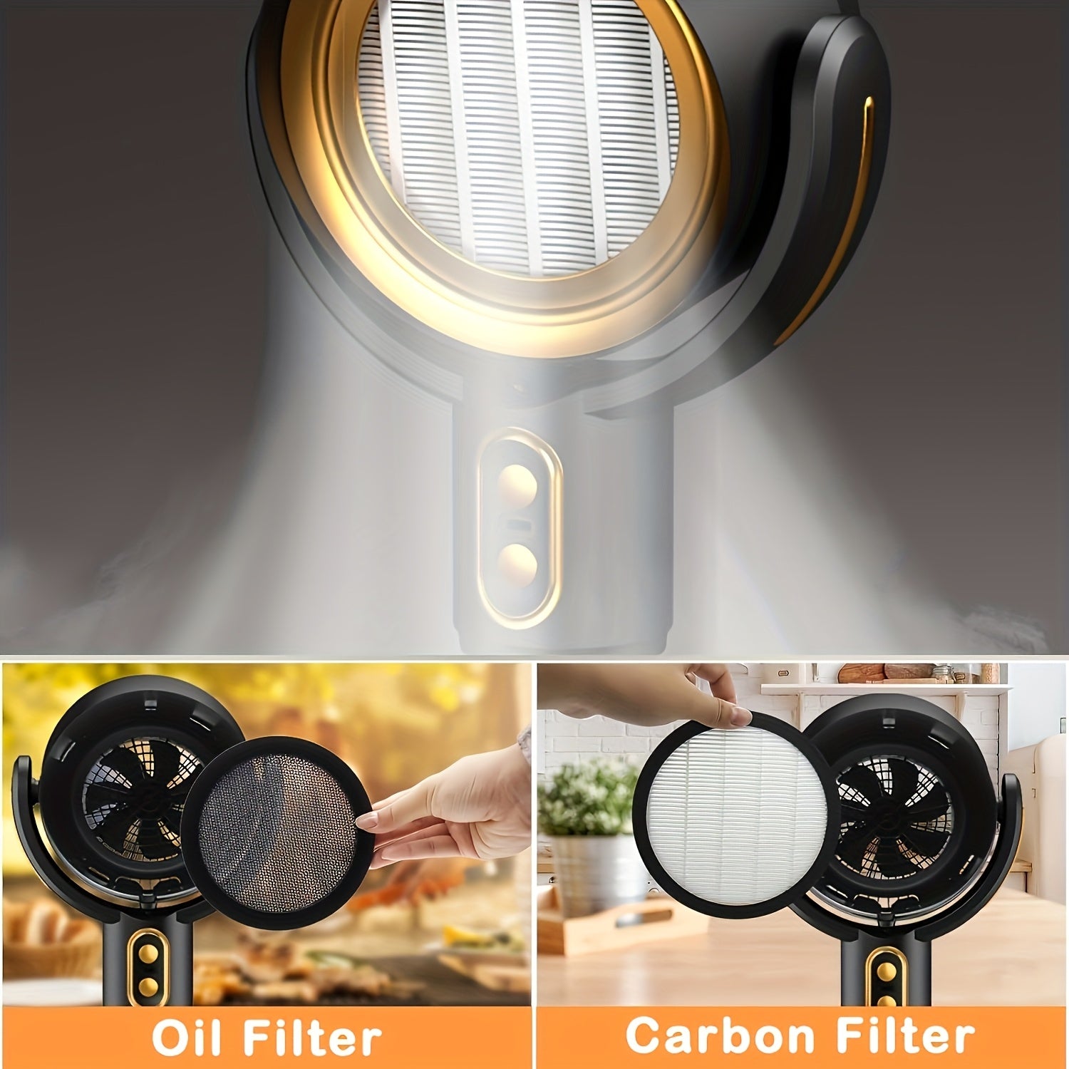 Jingsen LW 2025 Портативный вентилятор-очиститель дыма для приготовления пищи, USB-источник питания, настольный очиститель воздуха с 2 скоростями, моющимися фильтрами, чашей для сбора масла, дизайн в черном и золотом цвете.