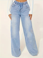 Blue Denim Wide Leg Jeans with Drawstring Waist for Casual Fall Style