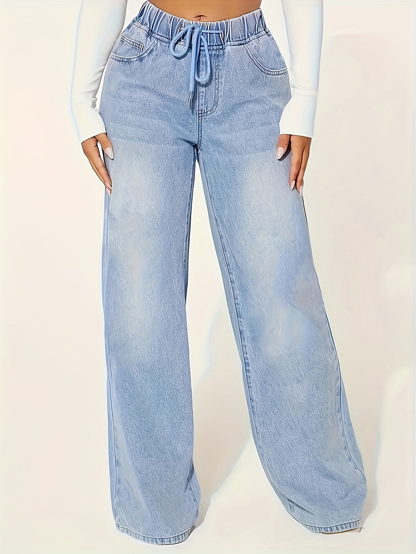 Blue Denim Wide Leg Jeans with Drawstring Waist for Casual Fall Style