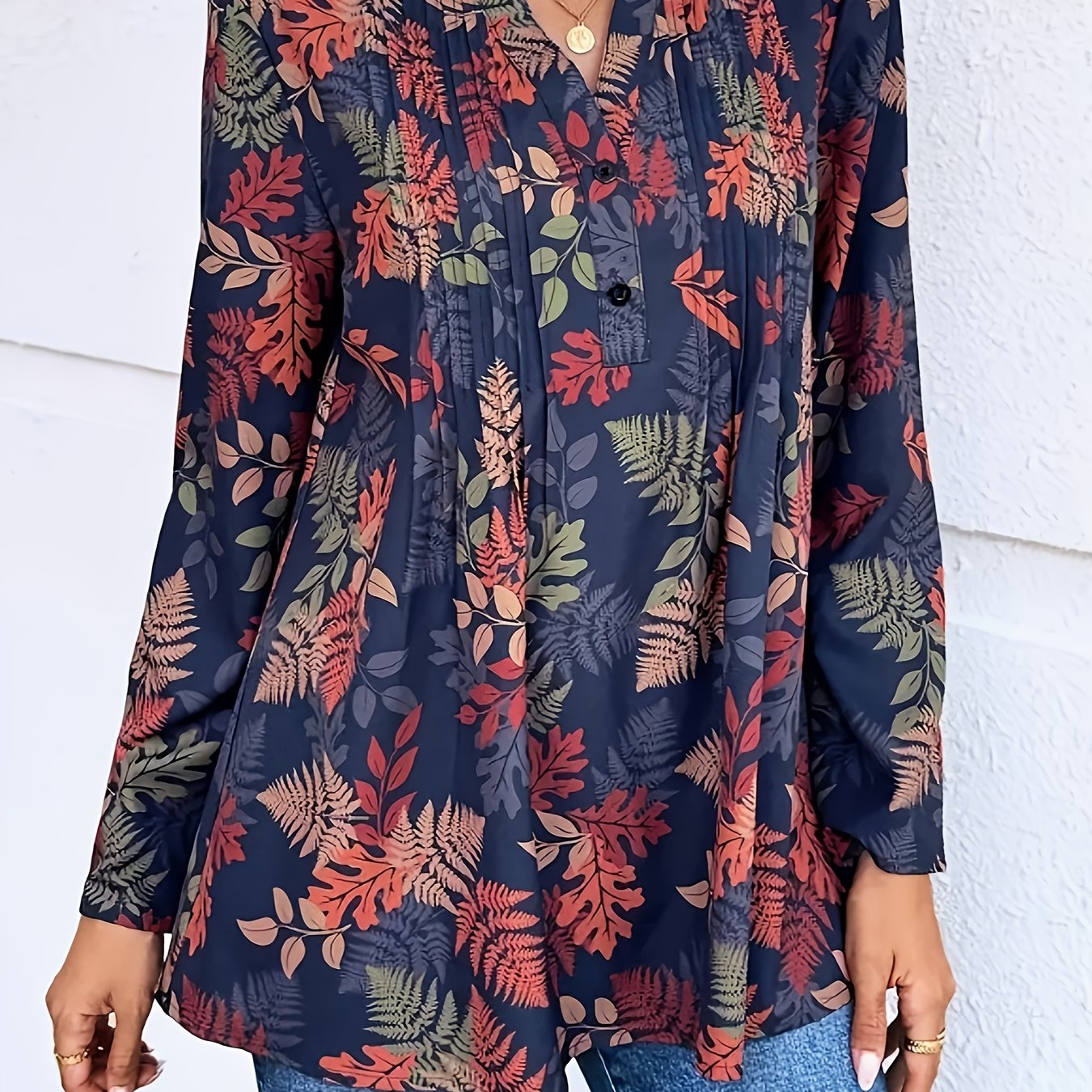 Women’s Polyester V-Neck Long Sleeve Blouse with Ruched Bust All-Season Casual Shirt