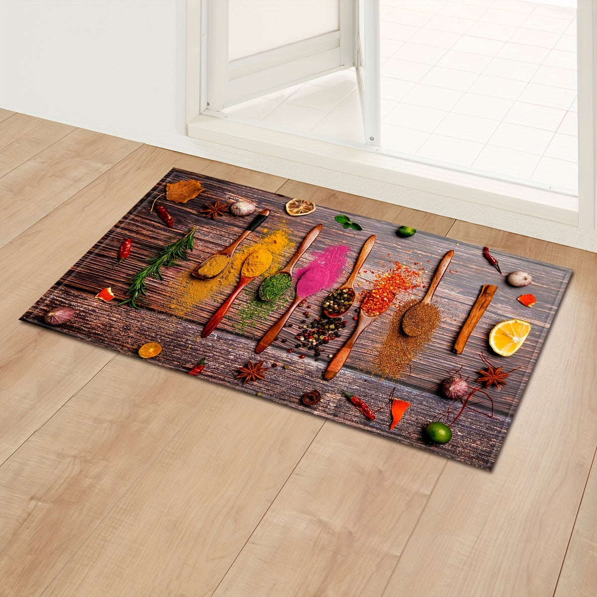 Yuzasi sirpanmaydigan oshxona matosi, yog'och donasi va ziravorlar naqshiga ega - namni o'zlashtiruvchi, tozalash oson bo'lgan yo'l matosi, uy dekoratsiyasi uchun, hammom, yotoqxona va yashash xonasi uchun ideal.