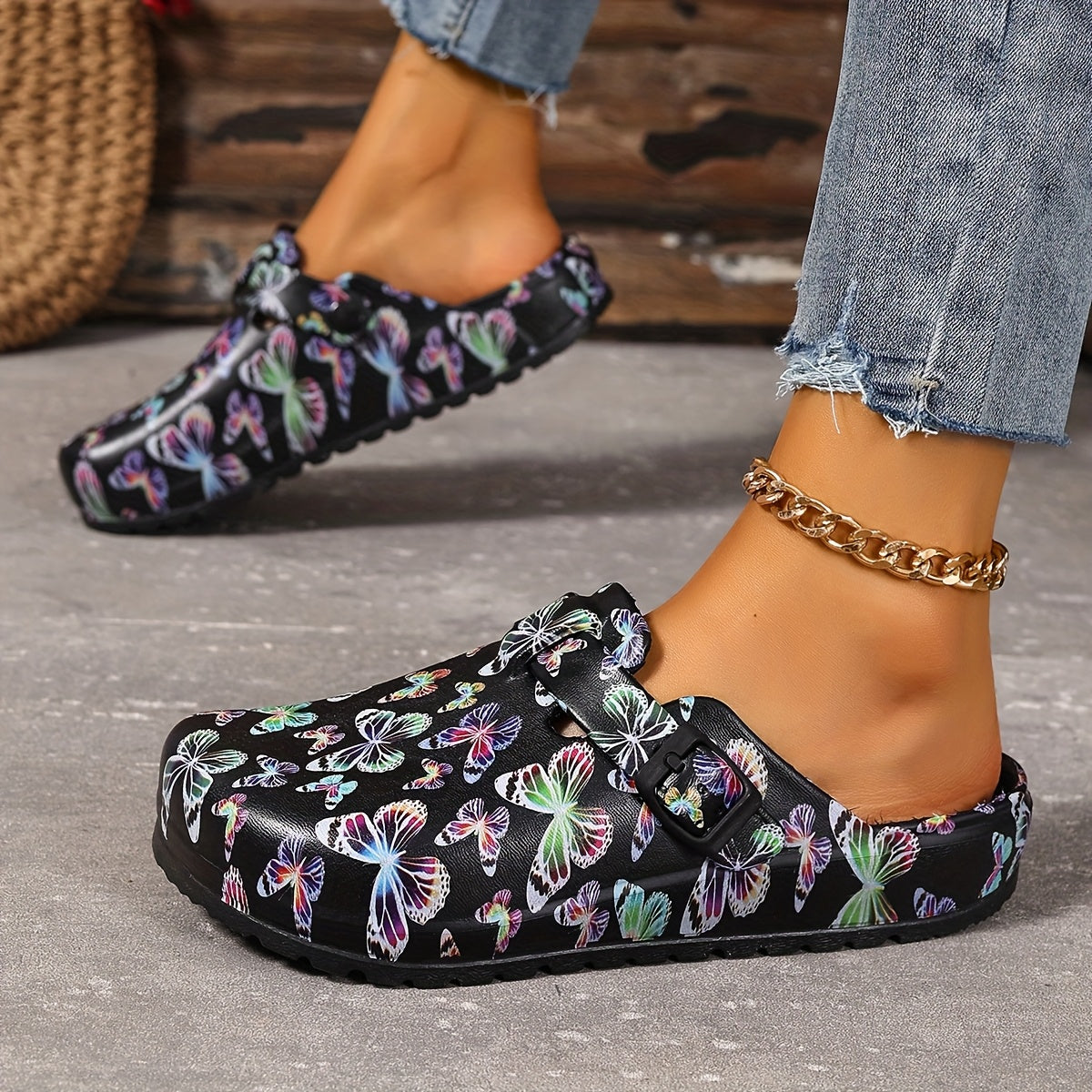 Women's EVA Sandals with Adjustable Straps Butterfly Print Breathable Flat Shoes