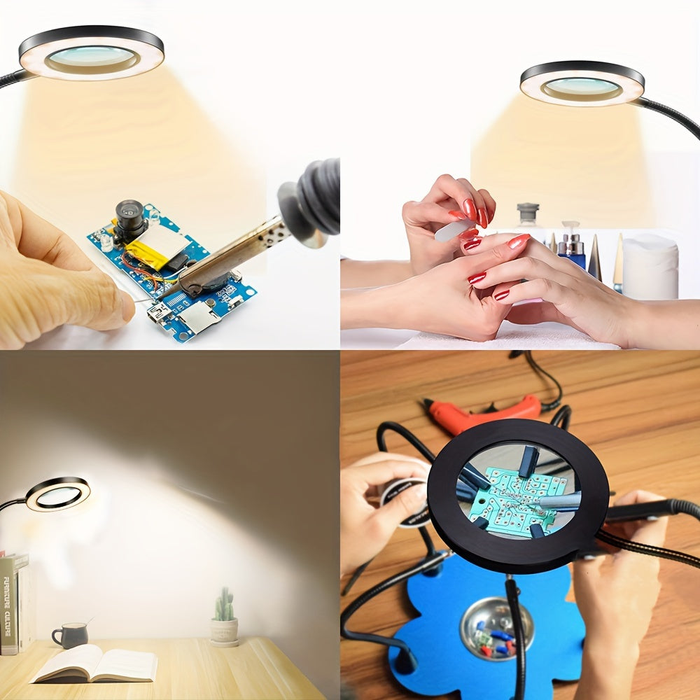 LED Desk Lamp with Magnifying Mirror Dimmable Clip-On Light for Reading and Office