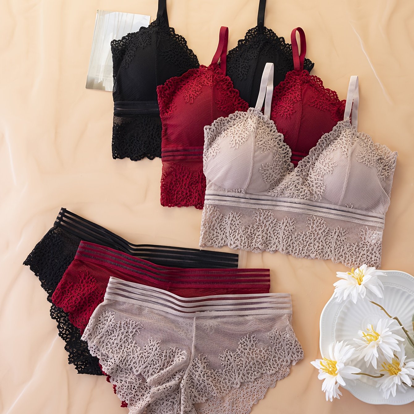 Women's Lingerie Set with Contrast Lace Push-Up Bras and Mesh Panties