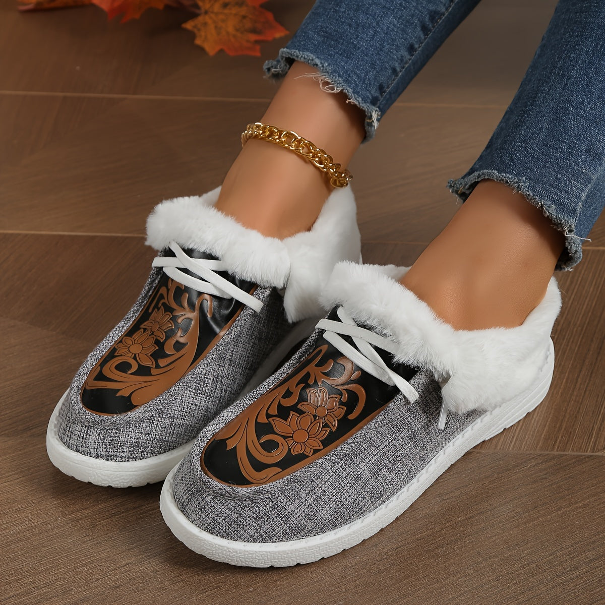 Ayollar uchun qorli botlar, mo'ynali ichki qismi, EVA taglik, sirpanishga qarshi, kulrang, qishki poyabzal