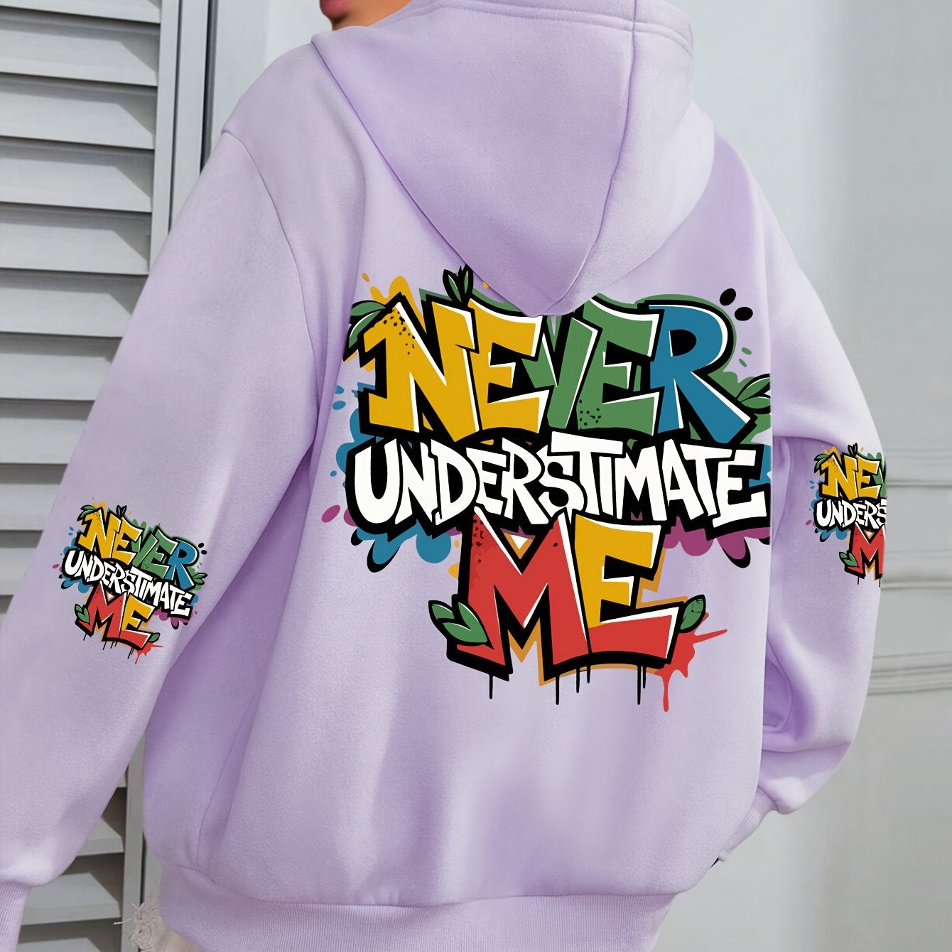 Plus Size Women’s Hoodie Fleece-Lined Graffiti Print Green Fall Winter