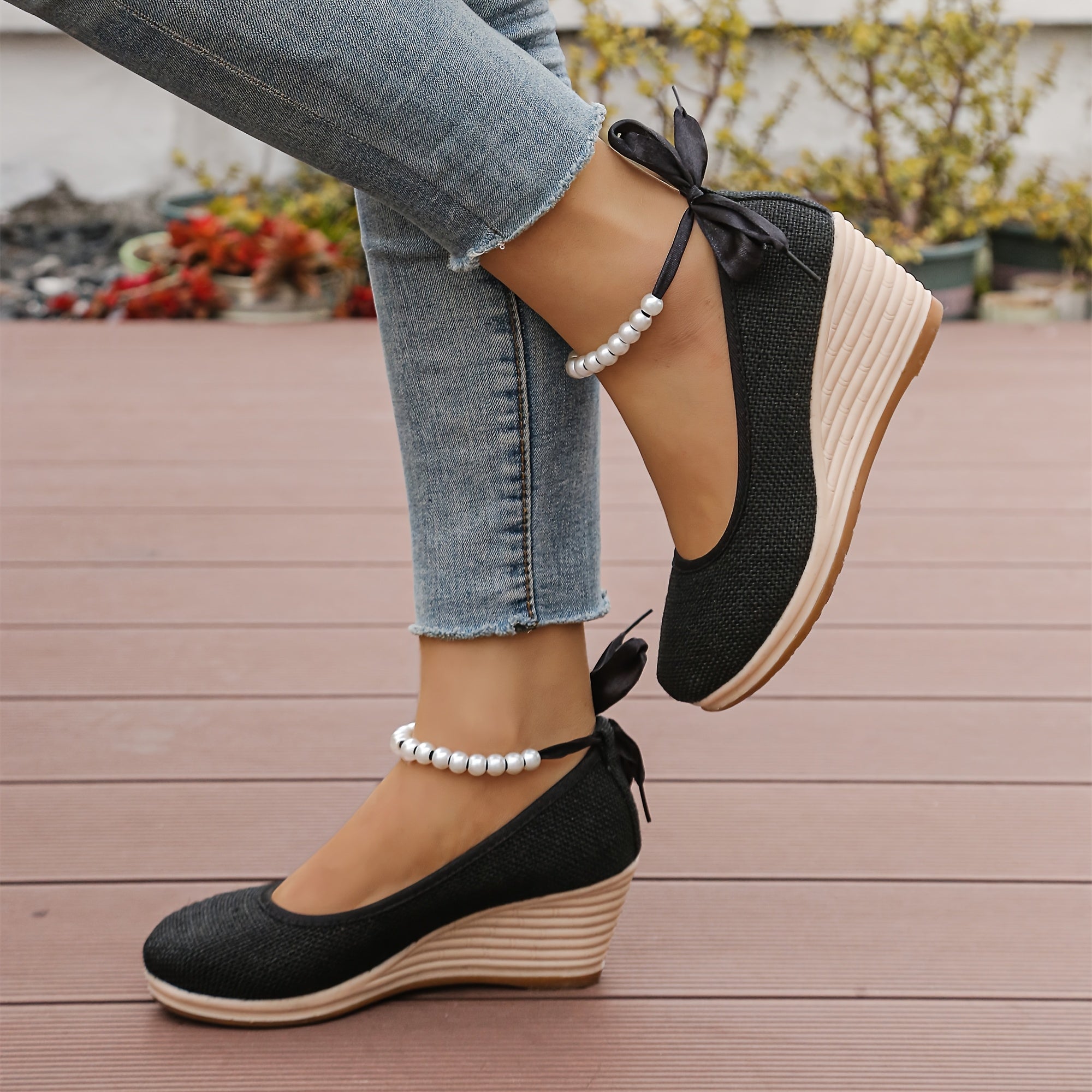 Women's Black Linen Wedge Heel Pumps Round-Toe Shoes with Ankle Bracelets
