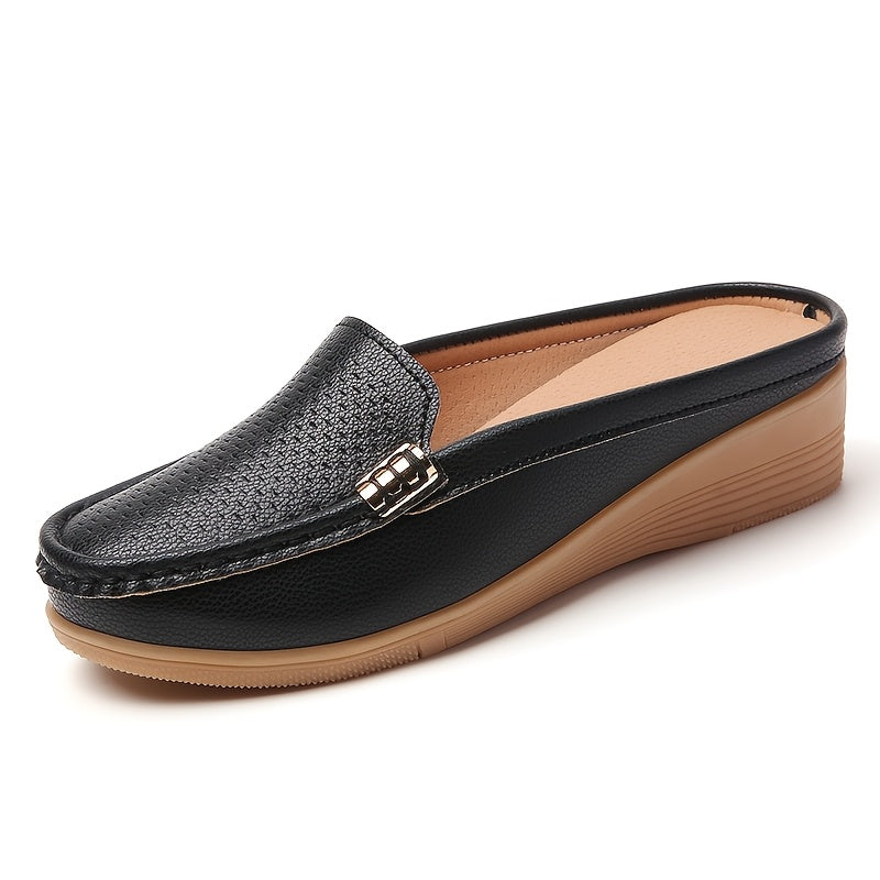 Women Slip-On Loafers Faux Leather Casual Shoes Golden Buckle All-Season