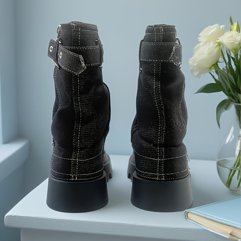 Women's Denim Mid-Calf Boots with Chunky Heel Rubber Sole Winter Comfort