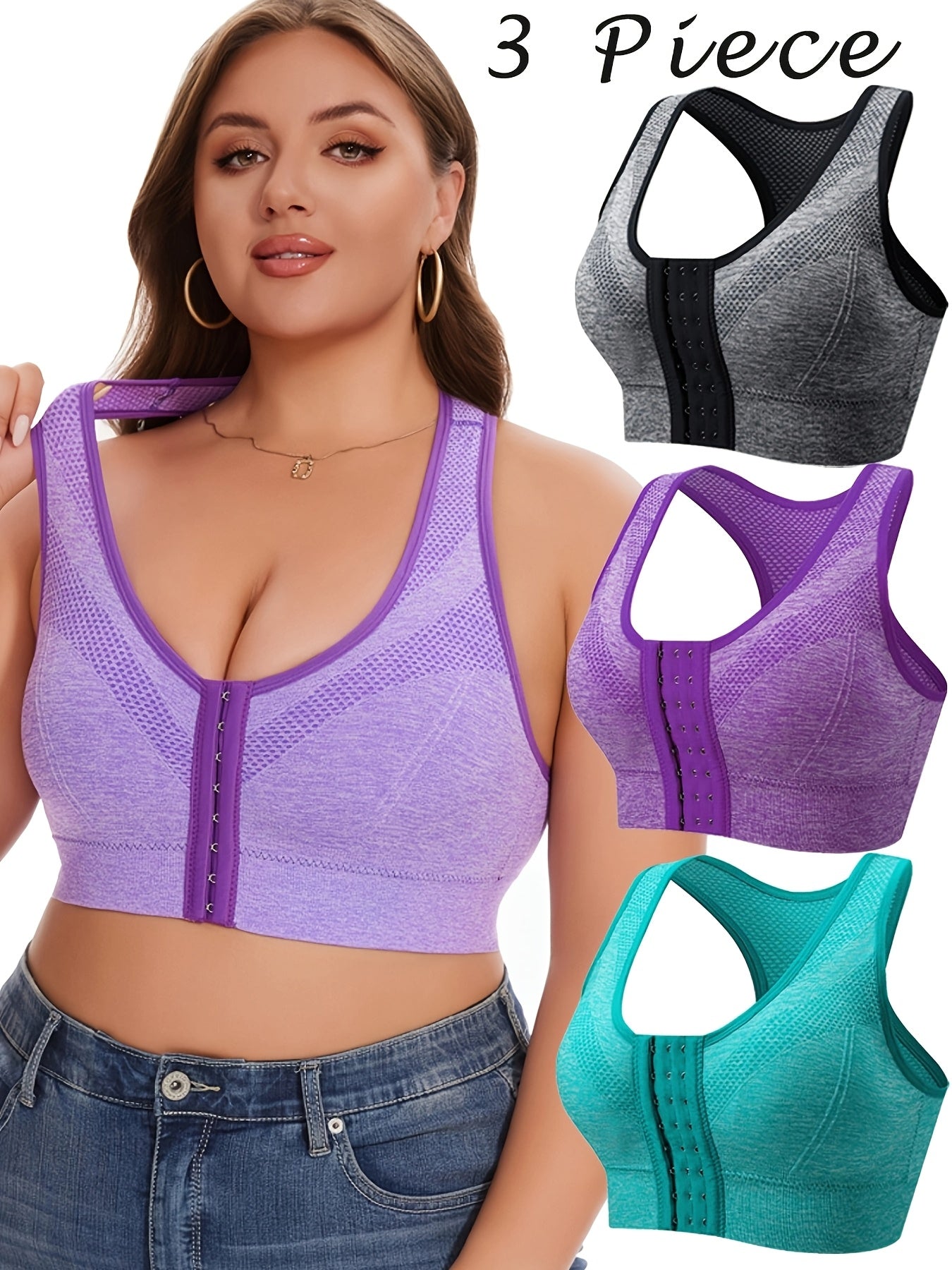 Plus Size Wireless Sports Bras 3-Pack Breathable Yoga Running Tank Tops Removable Padding