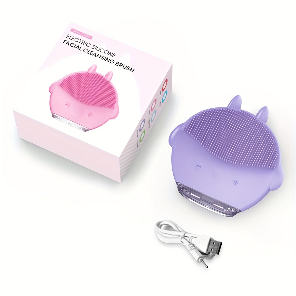 Mini Cartoon Electric Face Brush with 12 Massage Modes USB Rechargeable Exfoliating Skincare Tool