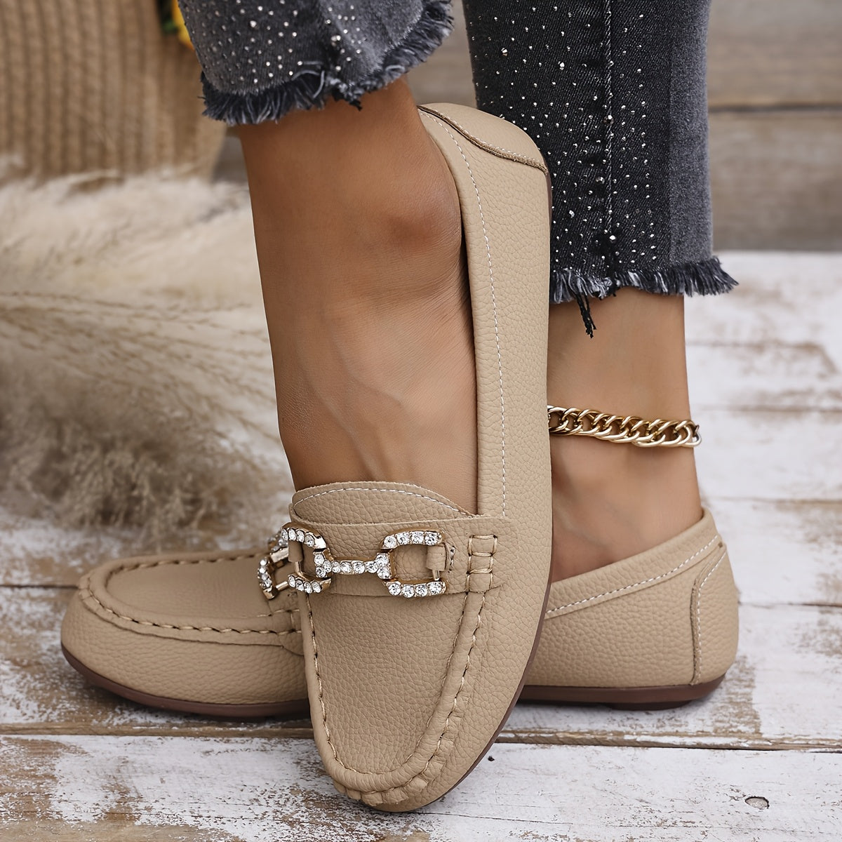 ayollar uchun slip-on tufli, faux cover yuqori qismi, kauchuk taglik, kundalik poyafzal