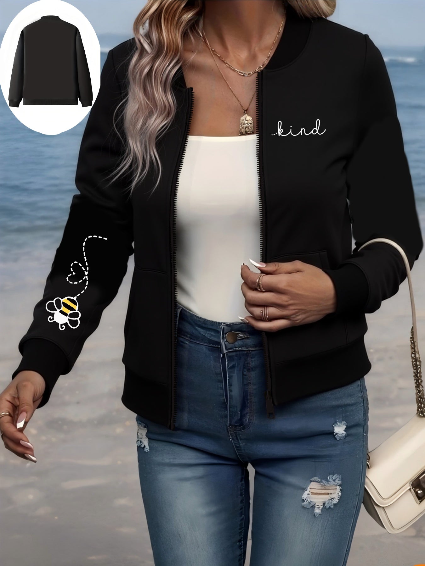 Women's Plus Size Black Bomber Jacket All-Season Zip-Up Casual Outerwear